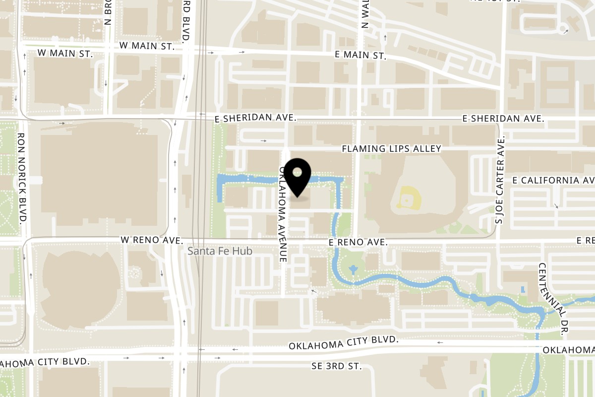 Map showing the location of Bourbon St. Cafe Oklahoma City on 100 E California Ave in Oklahoma City