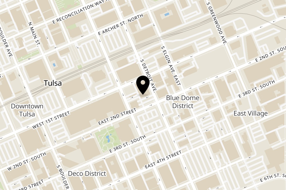Map showing the location of Bourbon St. Cafe Tulsa on 211 E 2nd St S in Tulsa